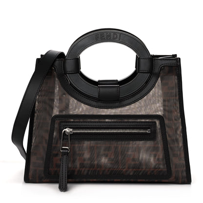 Fendi Mesh Vitello Century Cuoio FF 1974 Small Runaway Shopper Tote Marrone Black Ebano 1 of 16