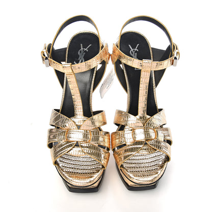 Saint Laurent Metallic Calfskin Lizard Embossed Tribute 105 Platform Sandals 40.5 Gold 7 of 8