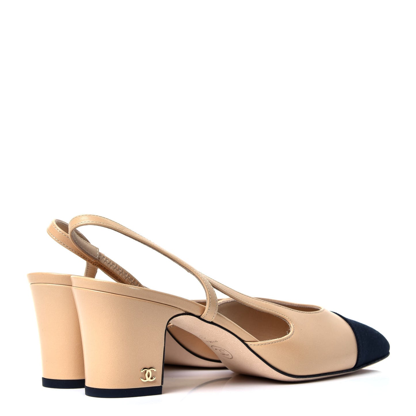 Goatskin Grosgrain Cap Toe CC Slingback Pumps 38.5 Beige Black