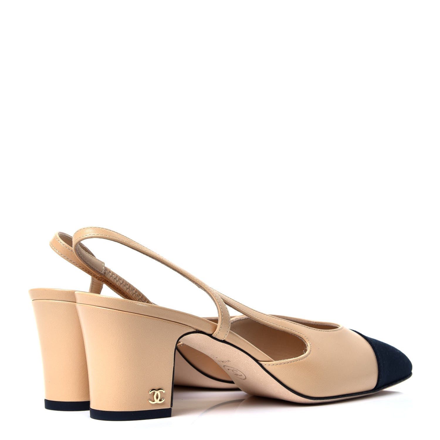 Chanel Goatskin Grosgrain Cap Toe CC Slingback Pumps 38.5 Beige Black 3 of 10