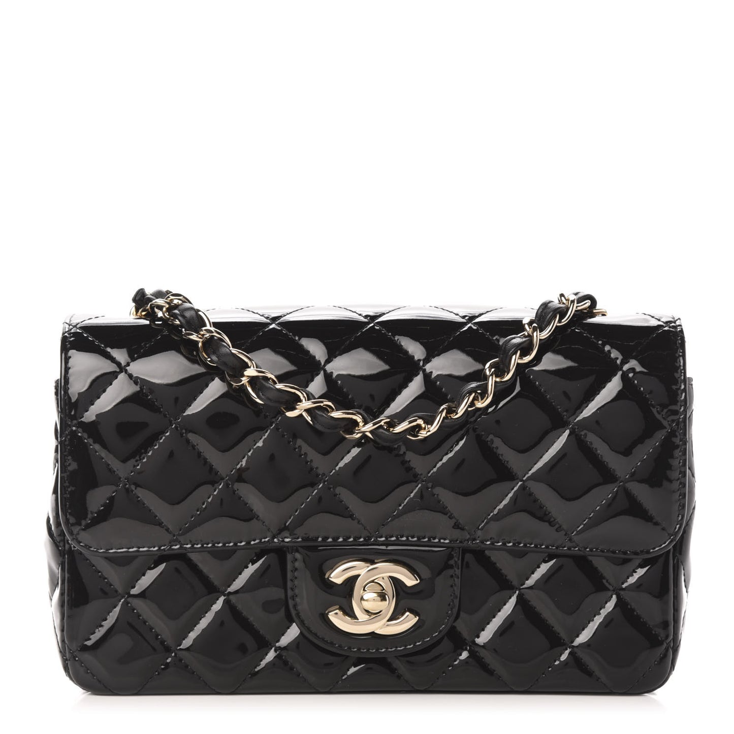 Patent Calfskin Quilted Mini Rectangular Flap Black