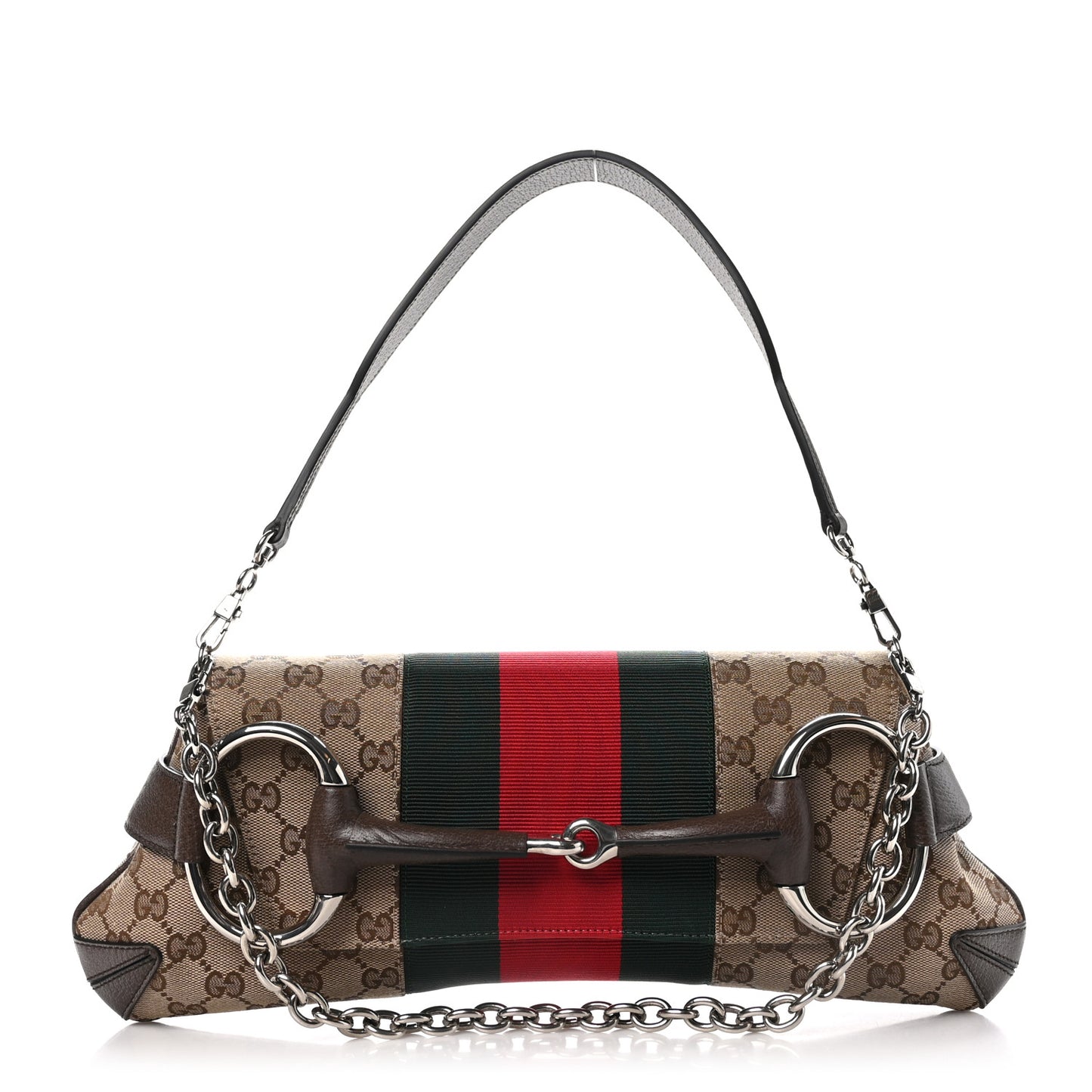 Monogram Textured Dollar Calfskin Heavy Grosgrain Web Medium Maxi Horsebit Chain Shoulder Bag Beige Ebony New Acero