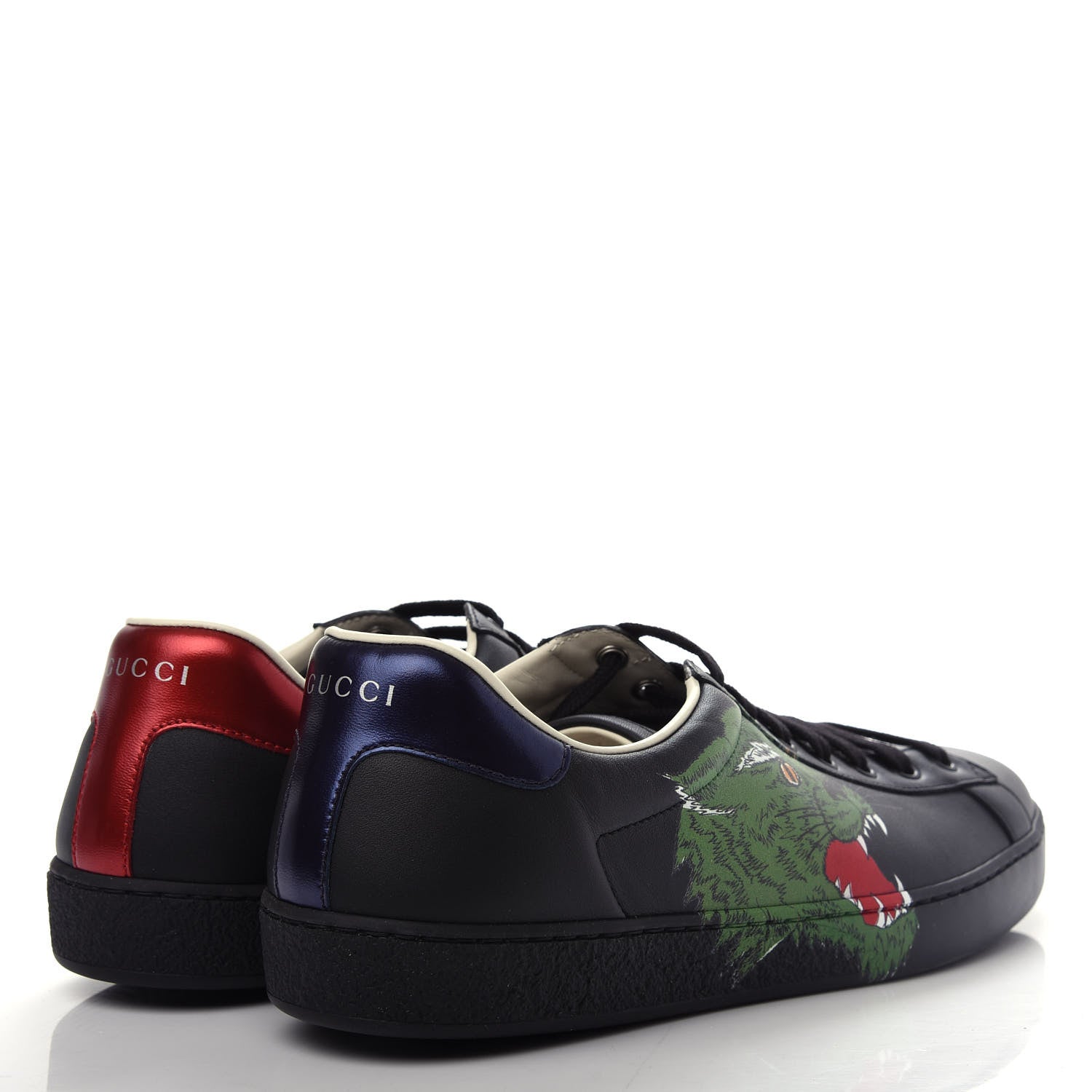 Gucci Calfskin Green Panther Print Mens Ace Sneakers 9.5 Black 4 of 11