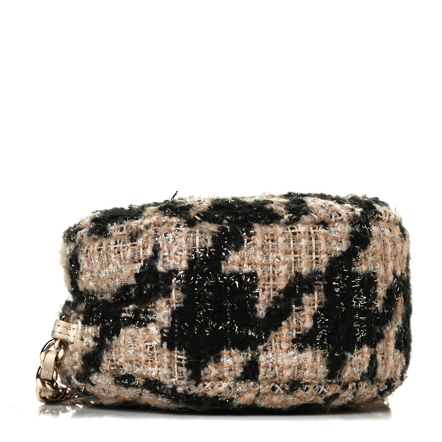 Tweed Shearling Round Clutch With Chain and Coin Purse Beige Black