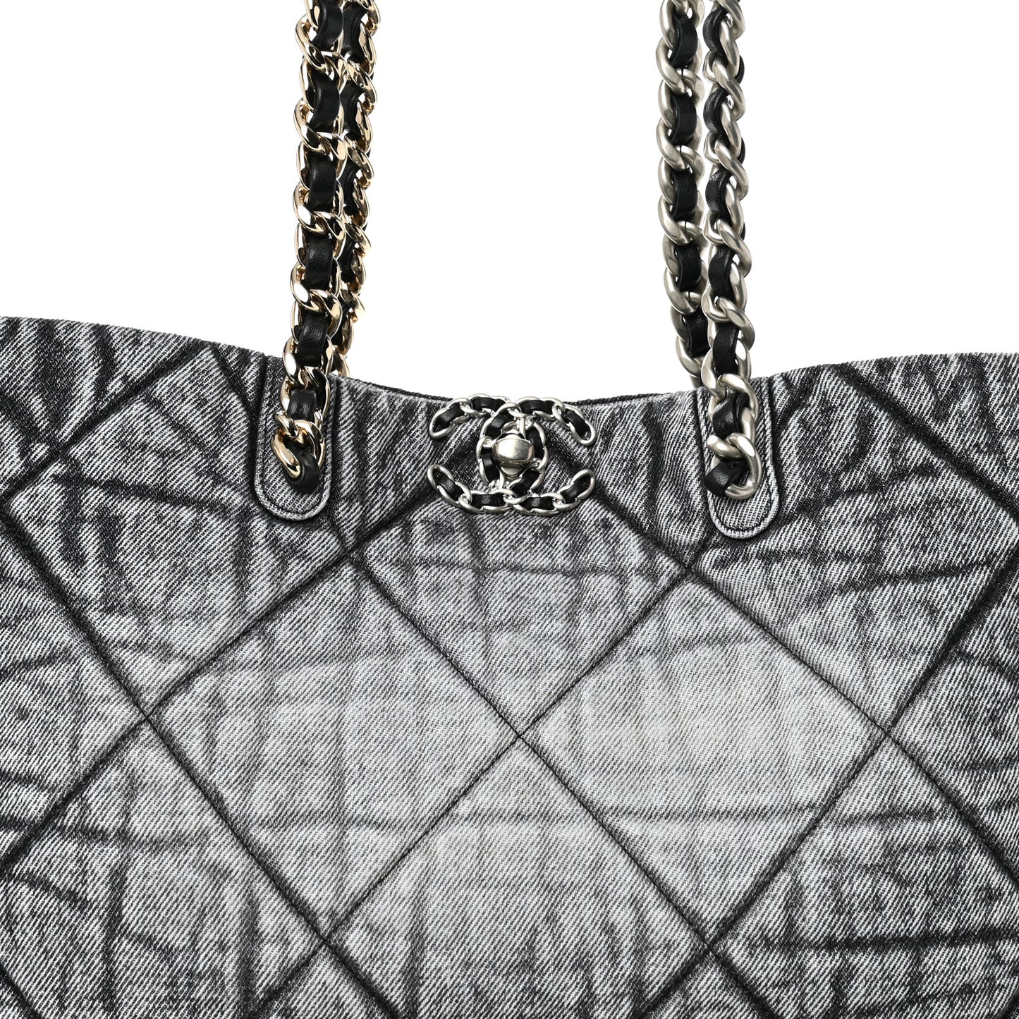 Washed Denim Quilted Chanel 19 East West Shopping Bag Black White