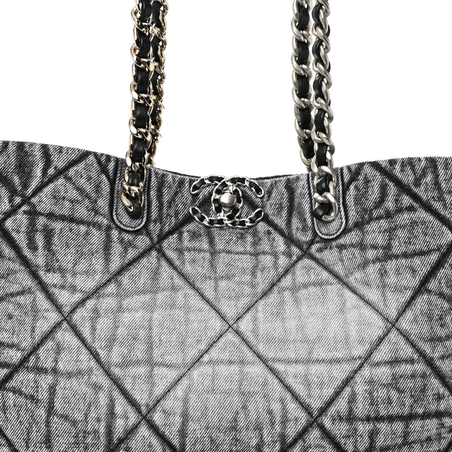 Chanel Washed Denim Quilted Chanel 19 East West Shopping Bag Black White 8 of 10