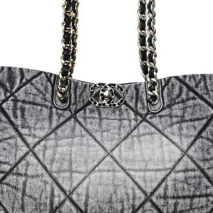 Chanel Washed Denim Quilted Chanel 19 East West Shopping Bag Black White 8 of 10