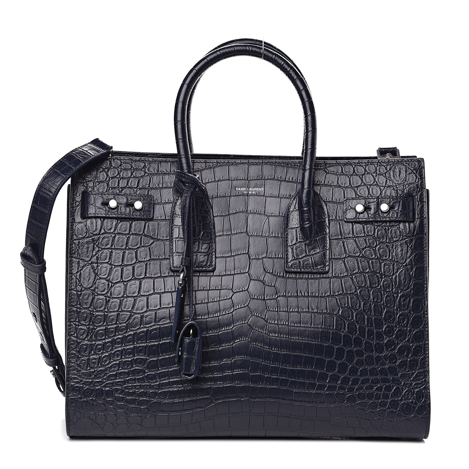 Saint Laurent Calfskin Crocodile Embossed Small Supple Sac de Jour Navy 1 of 11