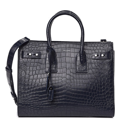 Saint Laurent Calfskin Crocodile Embossed Small Supple Sac de Jour Navy 1 of 11