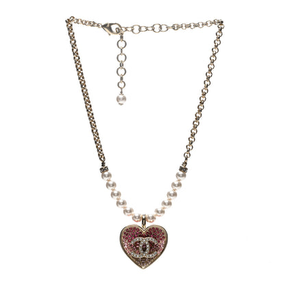 Chanel Pearl Crystal Resin CC Heart Short Necklace Pink Gold White 3 of 6