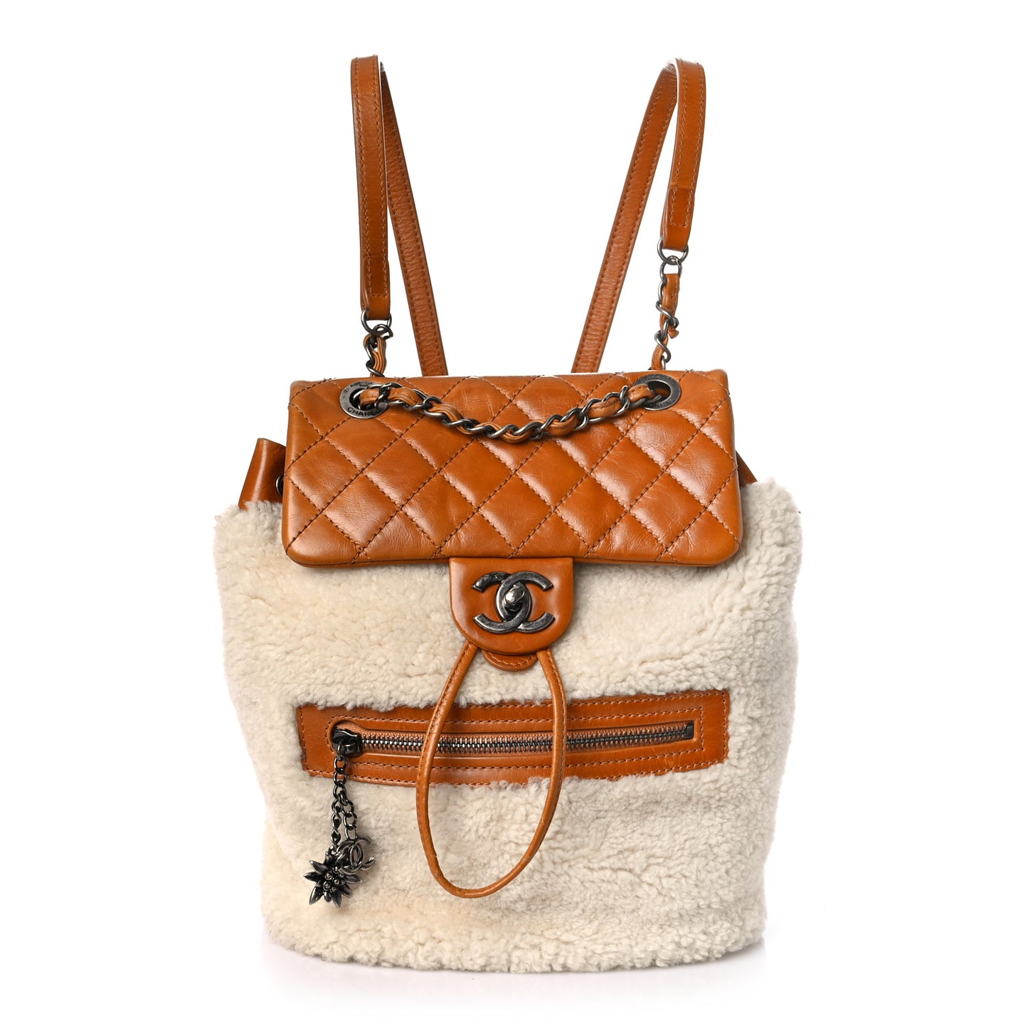 Glazed Calfskin Shearling Quilted Small Mountain Backpack Brown