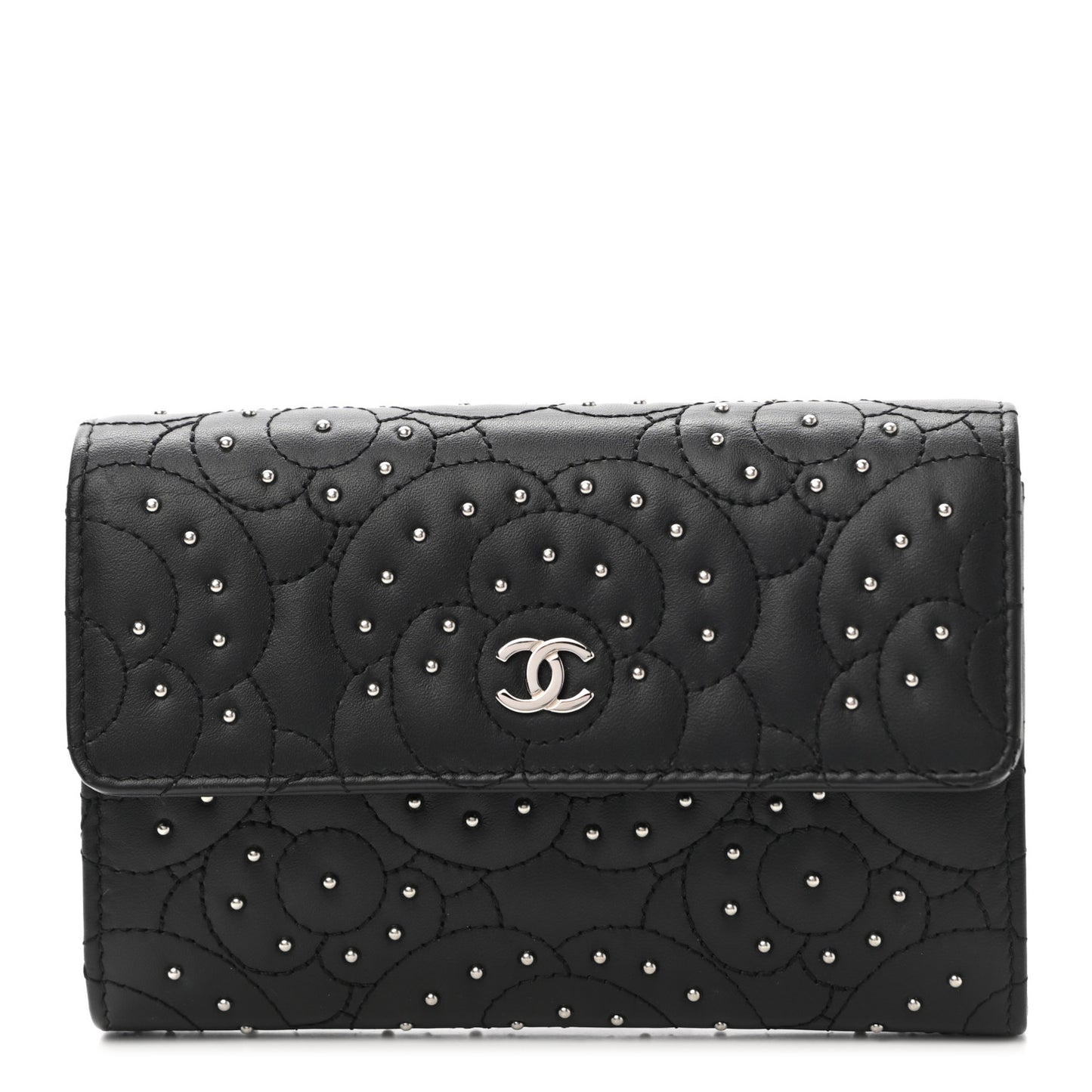 Lambskin Camellia Studded Medium Card Holder Wallet Black