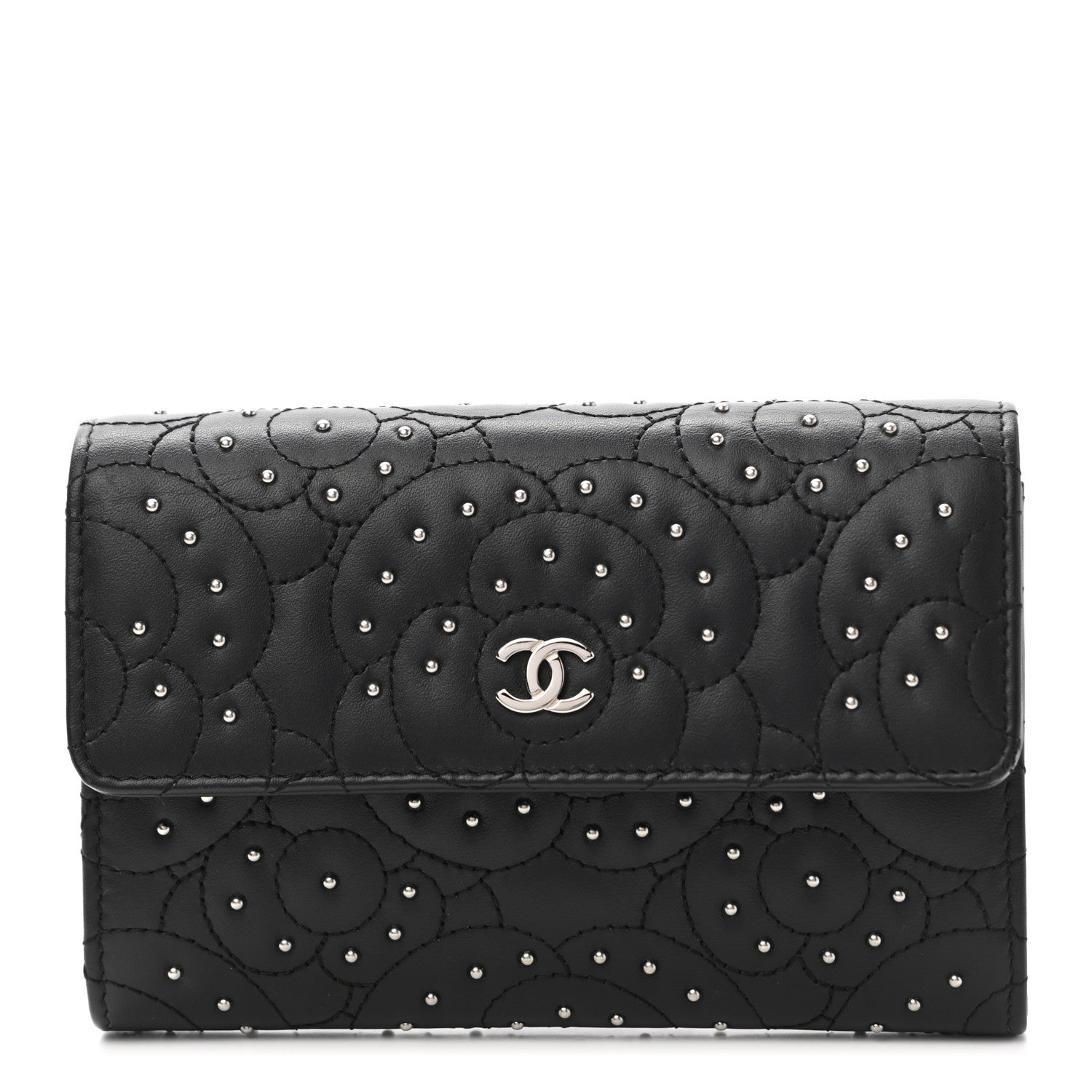 Chanel Lambskin Camellia Studded Medium Card Holder Wallet Black 1 of 8