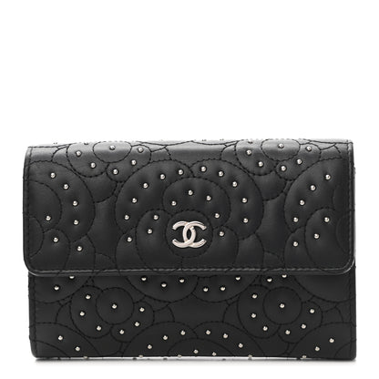 Chanel Lambskin Camellia Studded Medium Card Holder Wallet Black 1 of 8