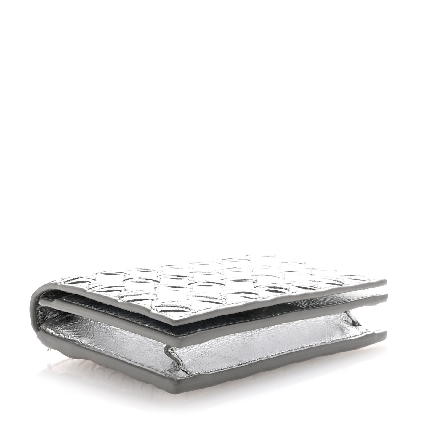 Metallic Calfskin Intreccio Plisse Card Case Silver