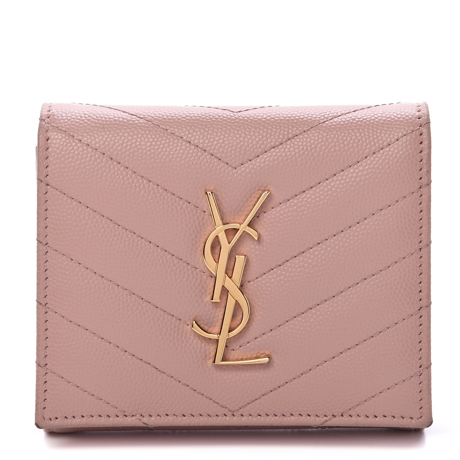 Saint Laurent Grain De Poudre Matelasse Chevron Monogram Compact Wallet Pink 1 of 9