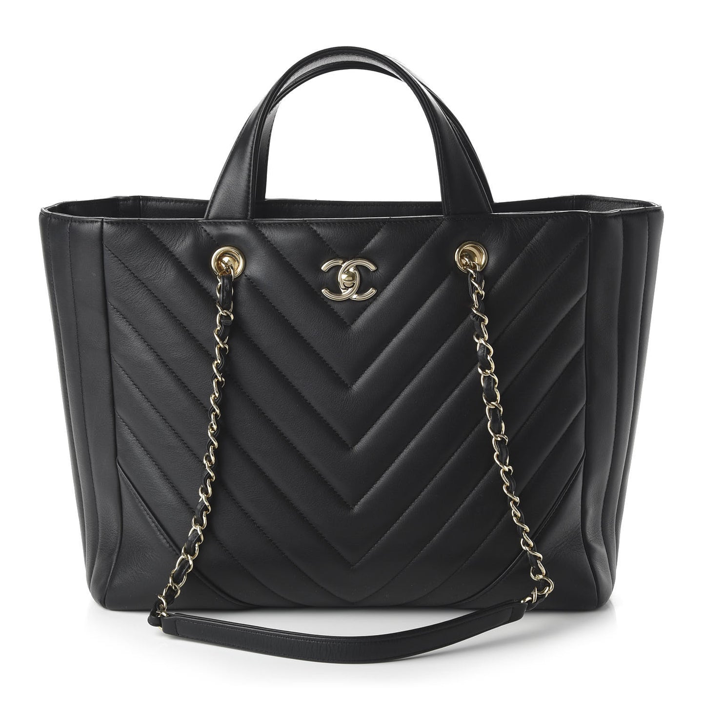 Calfskin Chevron Quilted Large Shopping Tote Black