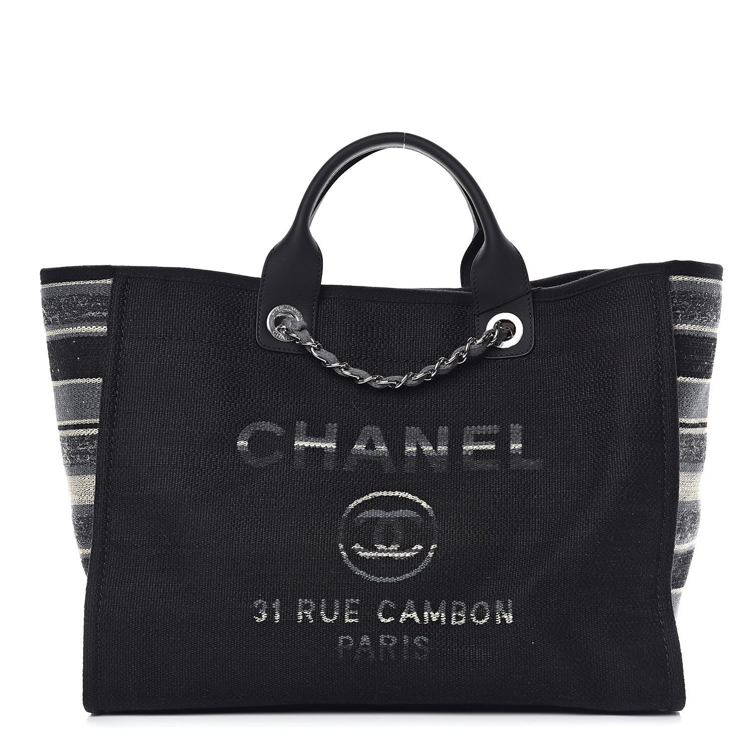 Chanel Striped Canvas Medium Deauville Tote Grey Black 1 of 9