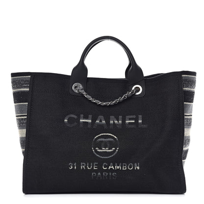 Chanel Striped Canvas Medium Deauville Tote Grey Black 1 of 9