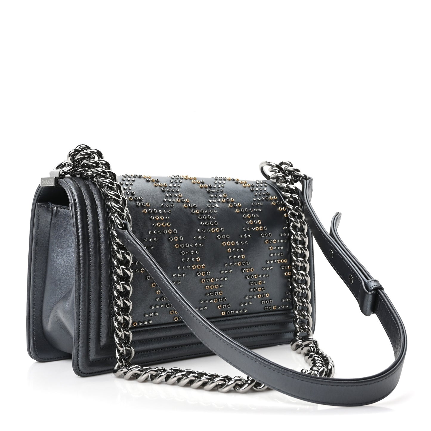 Metallic Calfskin Crystal Medium Boy Flap Dark Silver