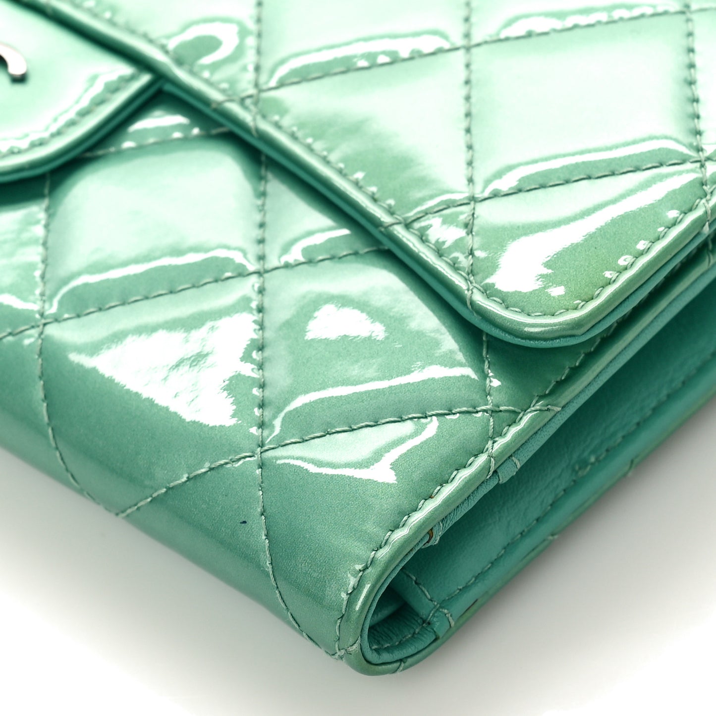 Patent Quilted Long Flap Wallet Green
