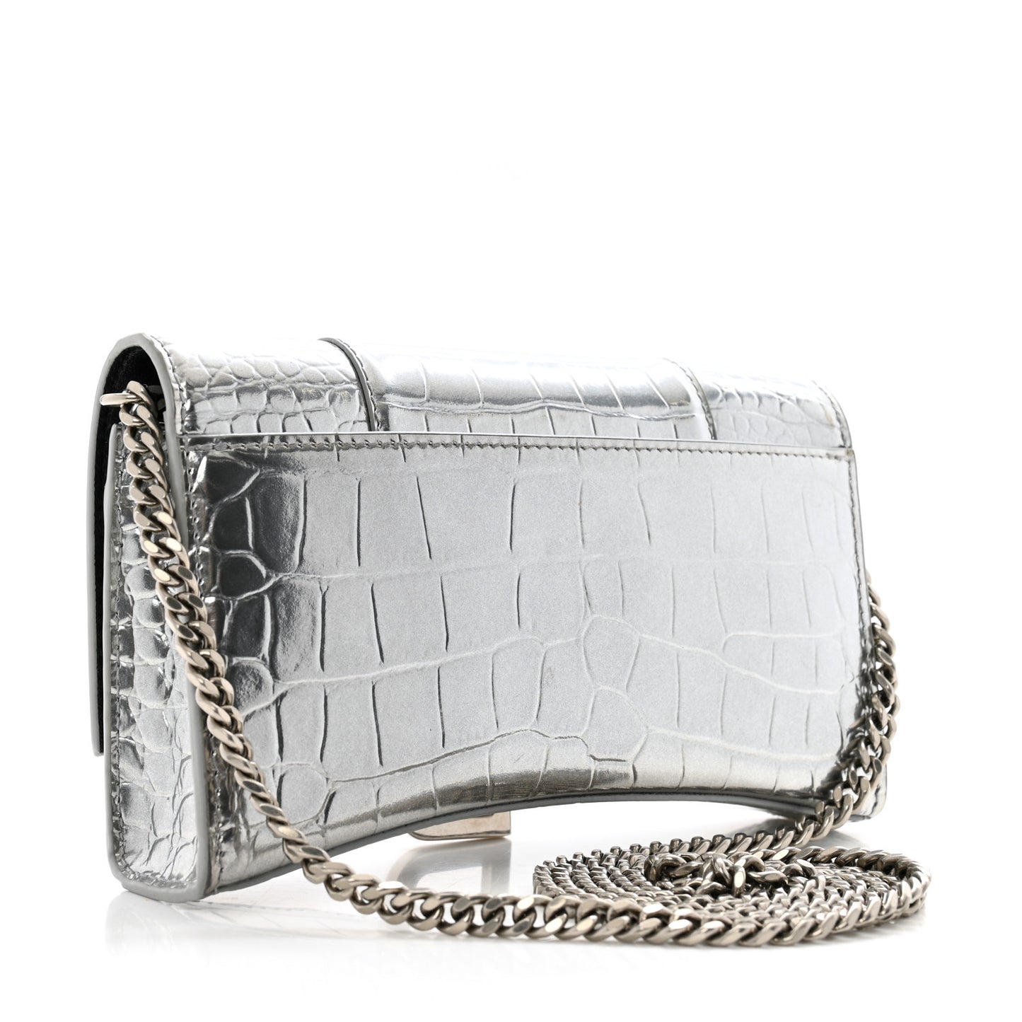 Shiny Calfskin Crocodile Embossed Hourglass Chain Bag Silver