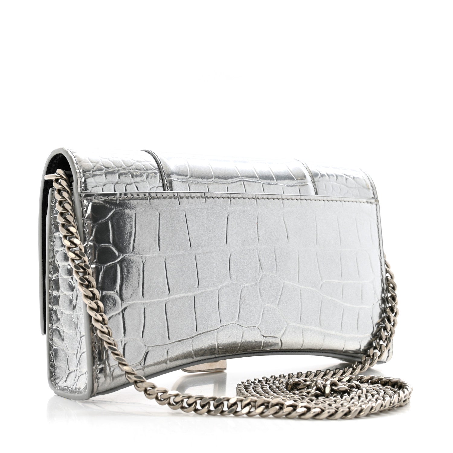 Balenciaga Shiny Calfskin Crocodile Embossed Hourglass Chain Bag Silver 3 of 12