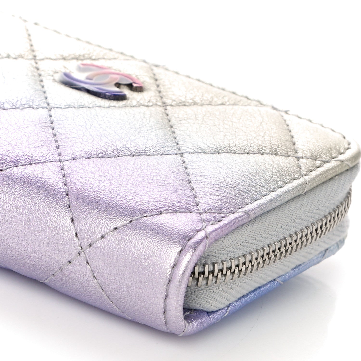Chanel Gradient Metallic Calfskin Quilted Zip Around Coin Purse Wallet Silver Blue Yellow Purple 10 of 11
