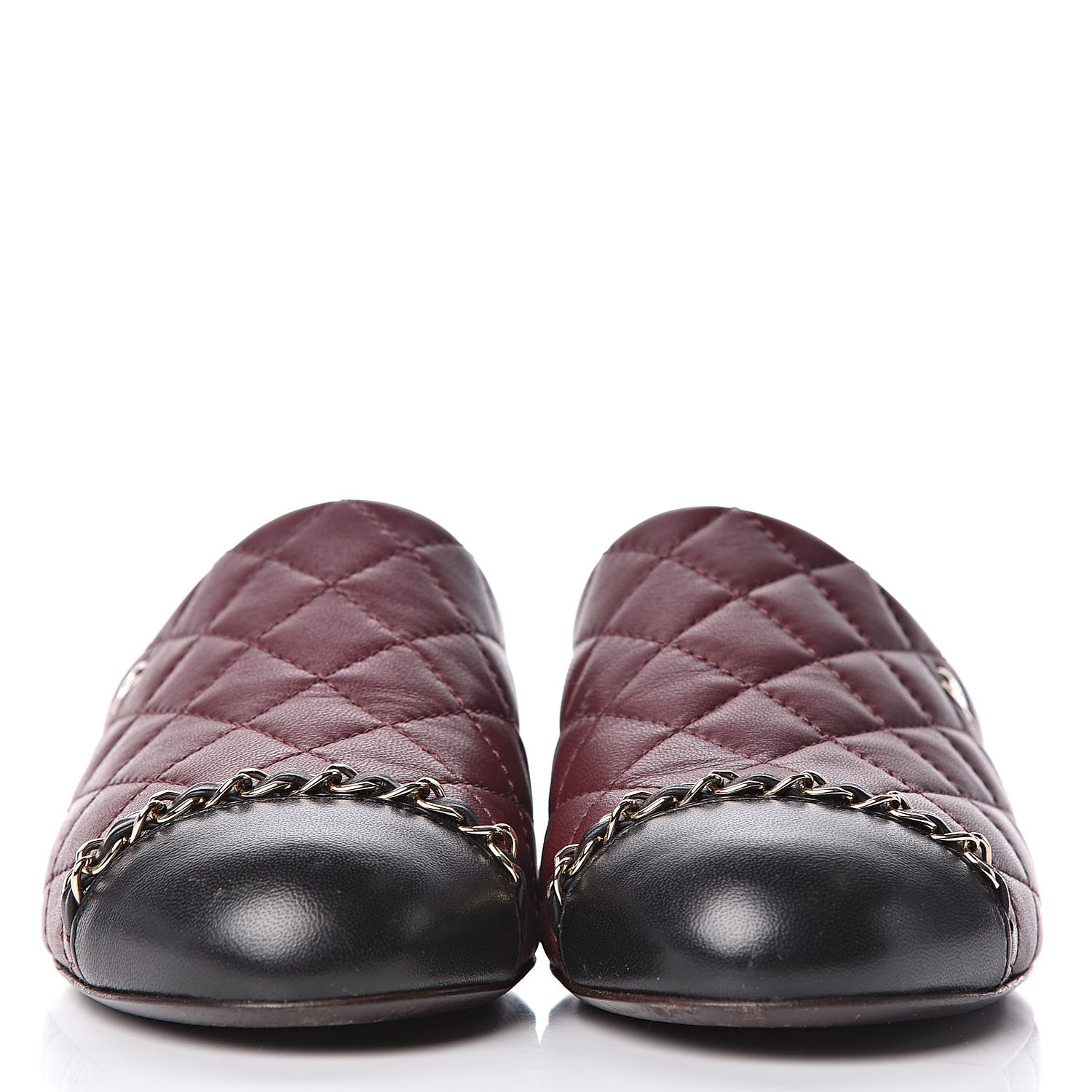 Chanel Lambskin Quilted Chain Mules 37.5 Burgundy Black 2 of 11