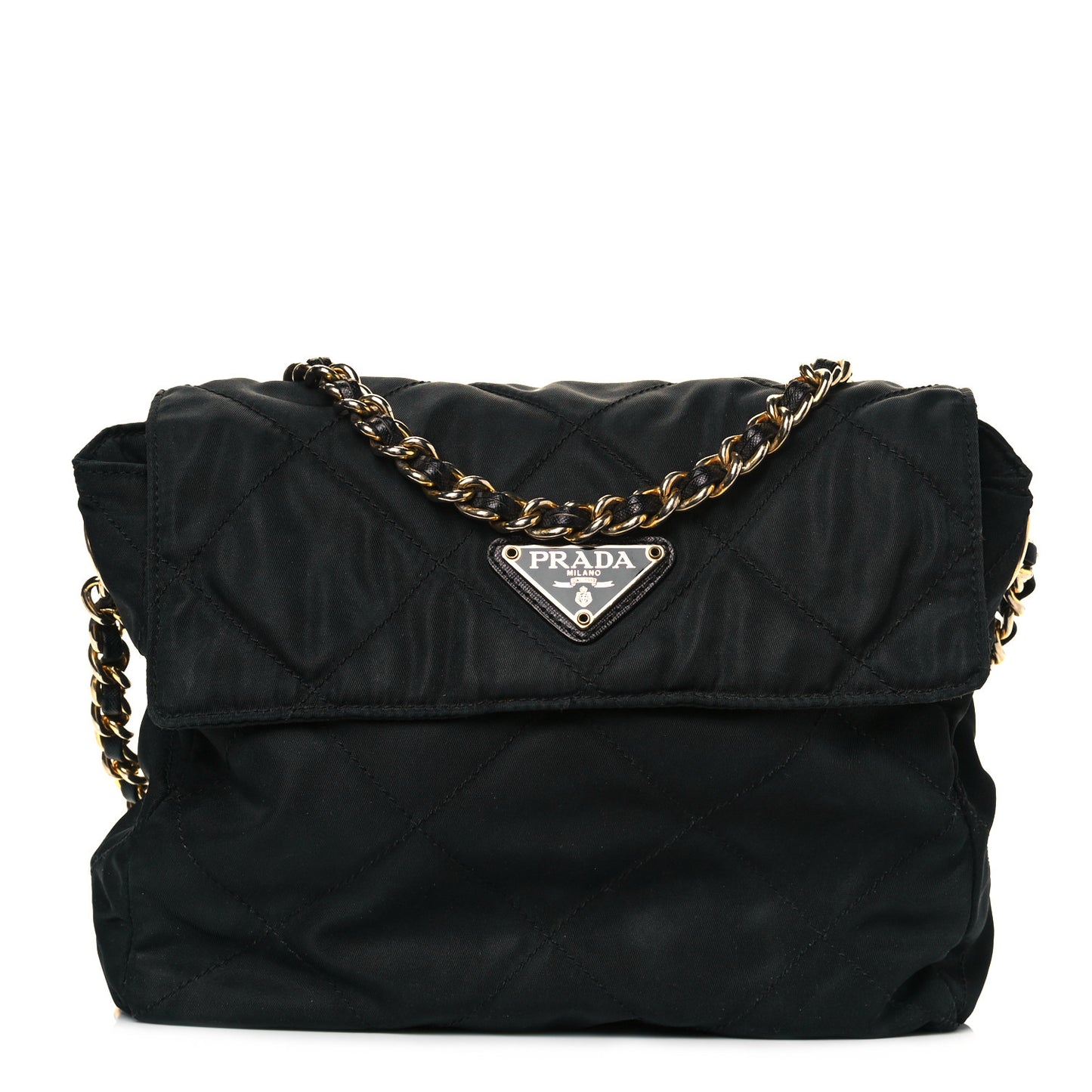 Nylon Tessuto Impuntu Quilted Flap Shoulder Bag Black