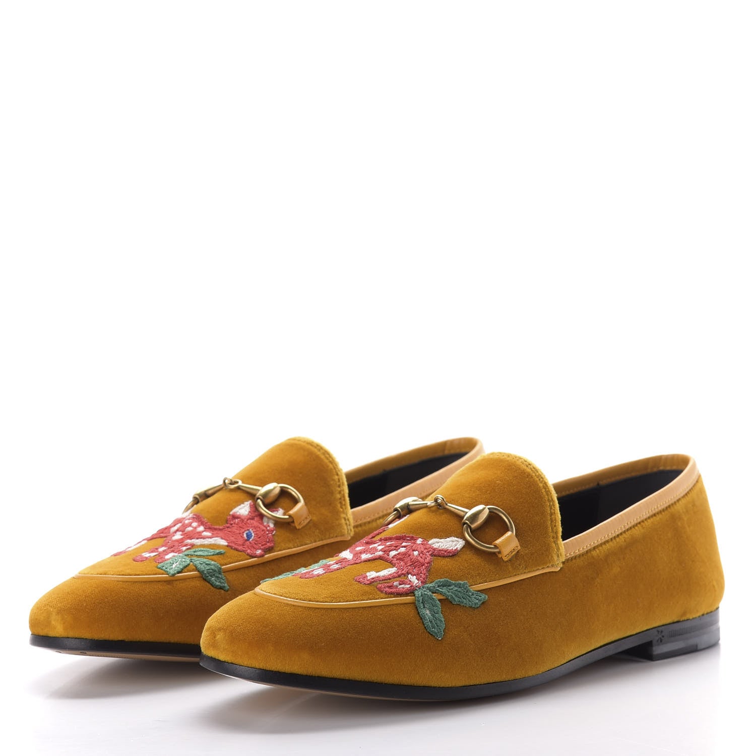 Gucci Softy Velvet Malaga Kid Deer Embroidered Jordaan Loafers 36.5 Senape Crop 3 of 11