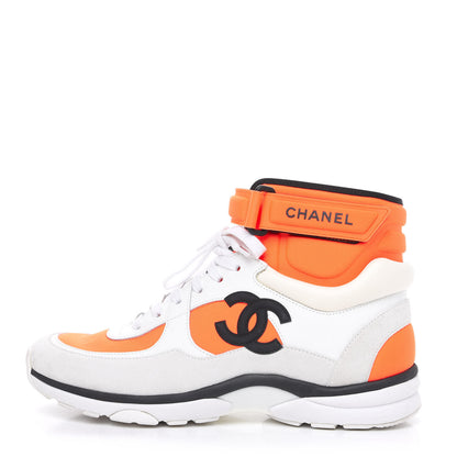 Chanel Suede Calfskin Lambskin Neoprene High Top CC Sneakers 40 White Fluo Orange 1 of 8