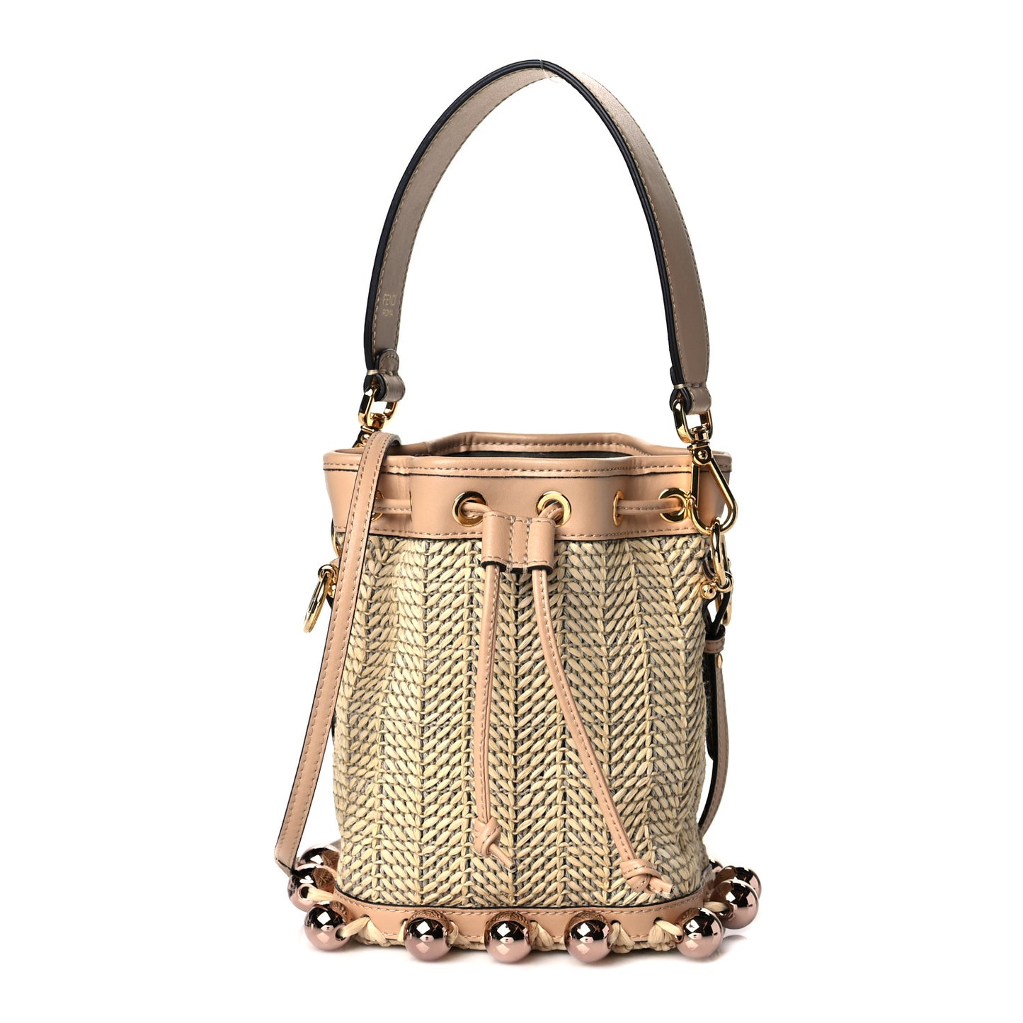 Raffia Pearl Herringbone Embellished Mini Mon Tresor Bucket Bag