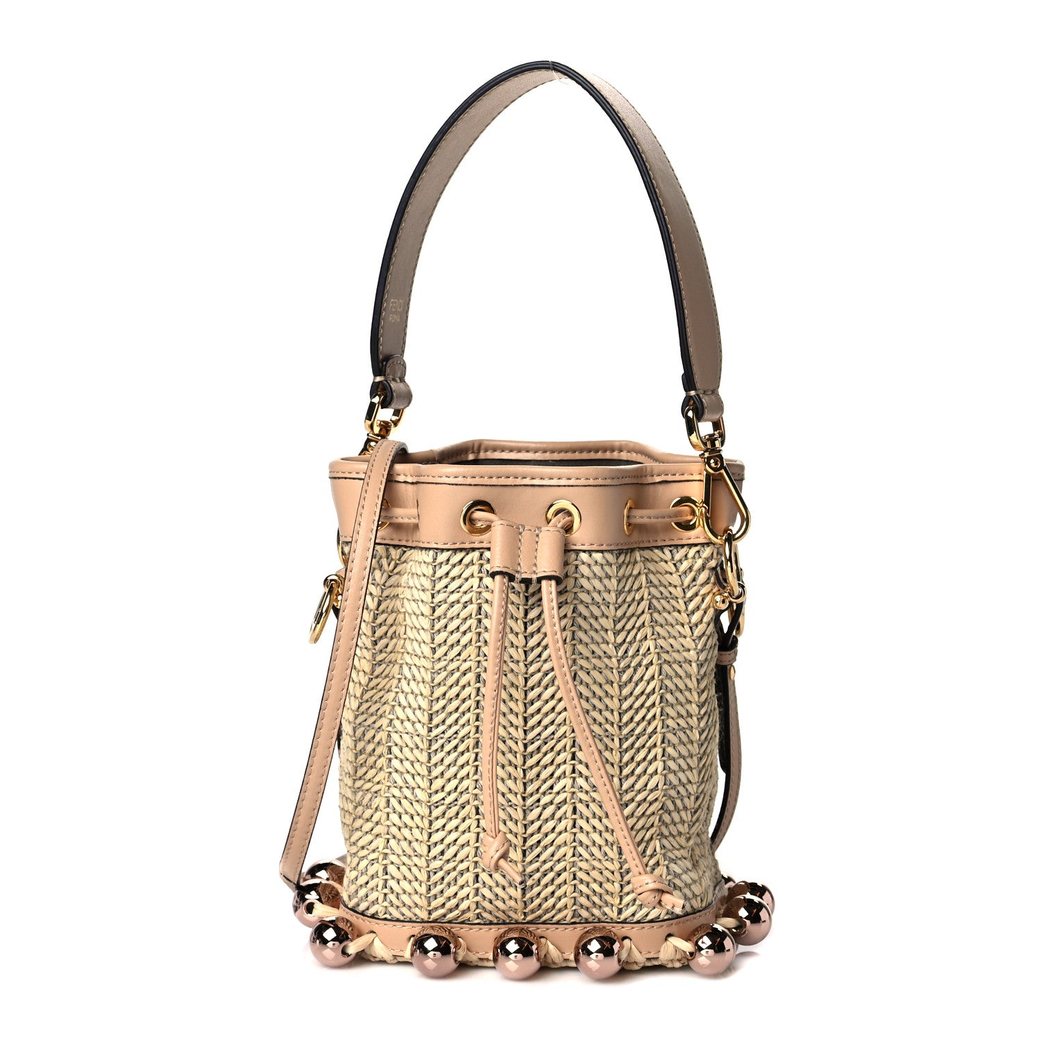 Fendi Raffia Pearl Herringbone Embellished Mini Mon Tresor Bucket Bag 1 of 9