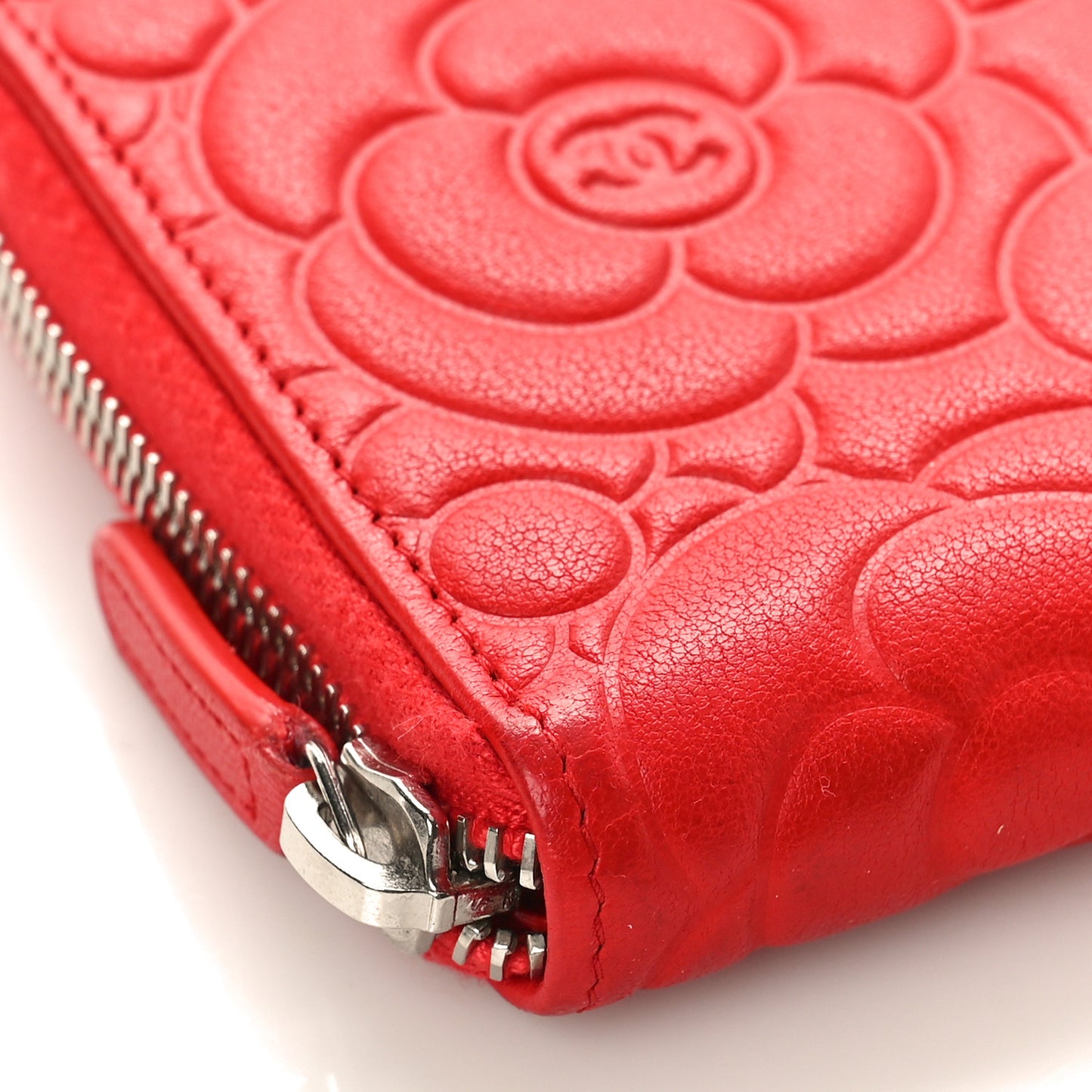 Lambskin Camellia Embossed Large Zip Around Gusset Wallet Red