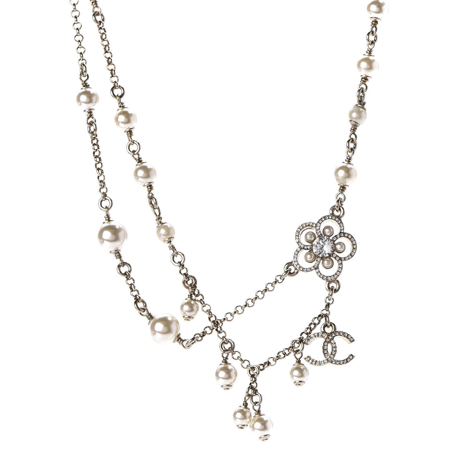 Chanel Pearl Crystal Flower CC Necklace Gold 1 of 11