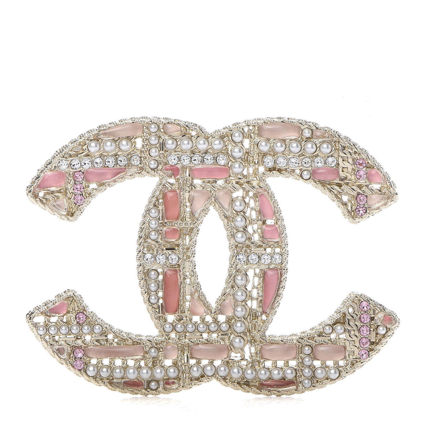 Crystal Pearl CC Tweed Brooch Gold Pink