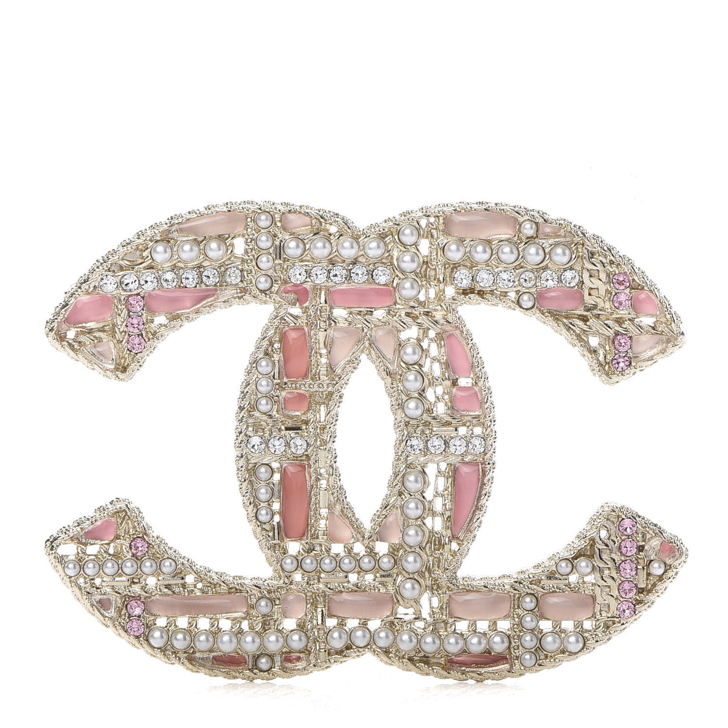 Chanel Crystal Pearl CC Tweed Brooch Gold Pink 1 of 5