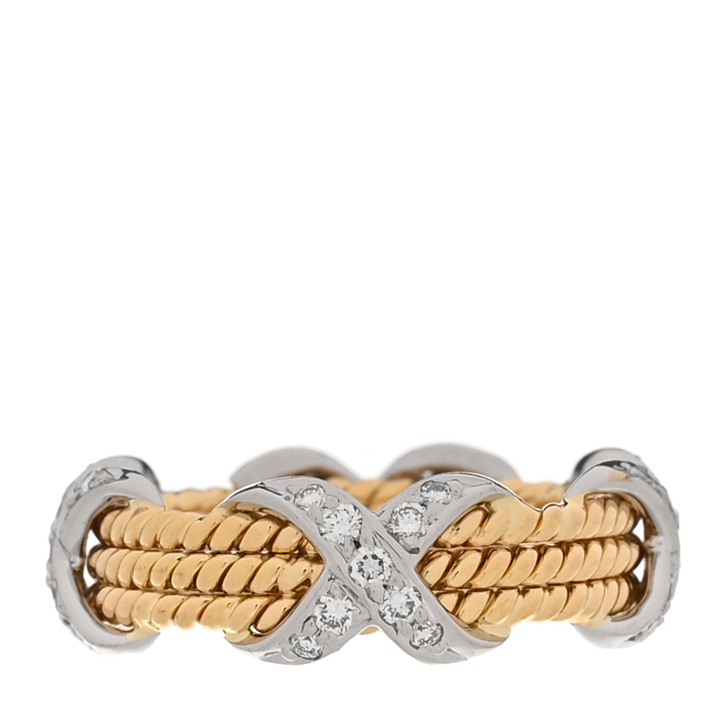 18K Yellow Gold Platinum Diamond Schlumberger Rope Three Row X Ring 52 6