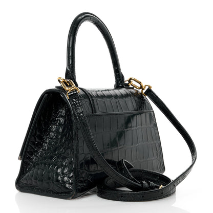 Balenciaga Shiny Calfskin Crocodile Embossed Small Hourglass Top Handle Bag Black 3 of 16