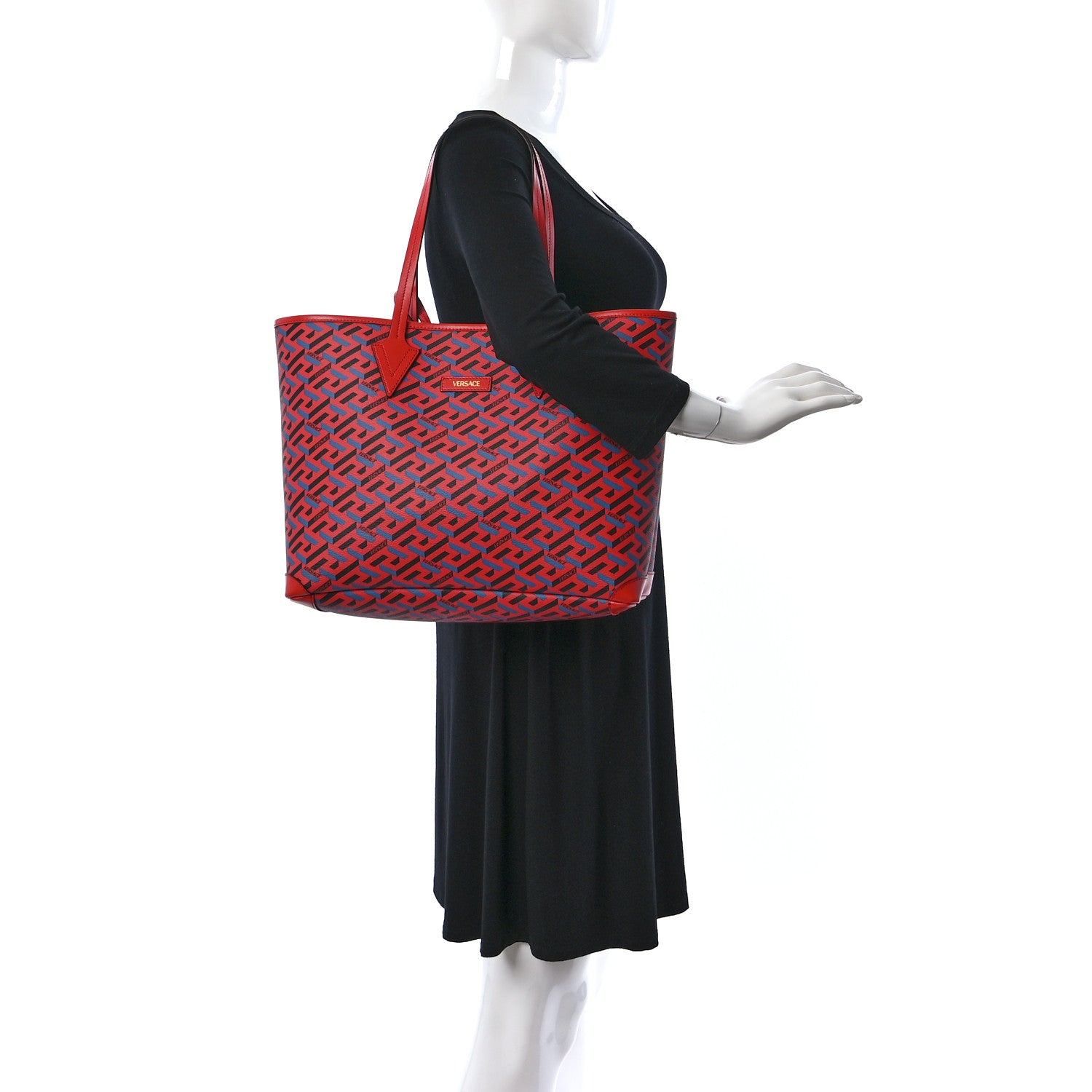 Versace Coated Canvas Calfskin La Greca Signature Shopper Tote Bag Blue Red 2 of 9