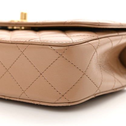 Chanel Shiny Calfskin Quilted Small Metal Chain Top Handle Flap Beige 10 of 12