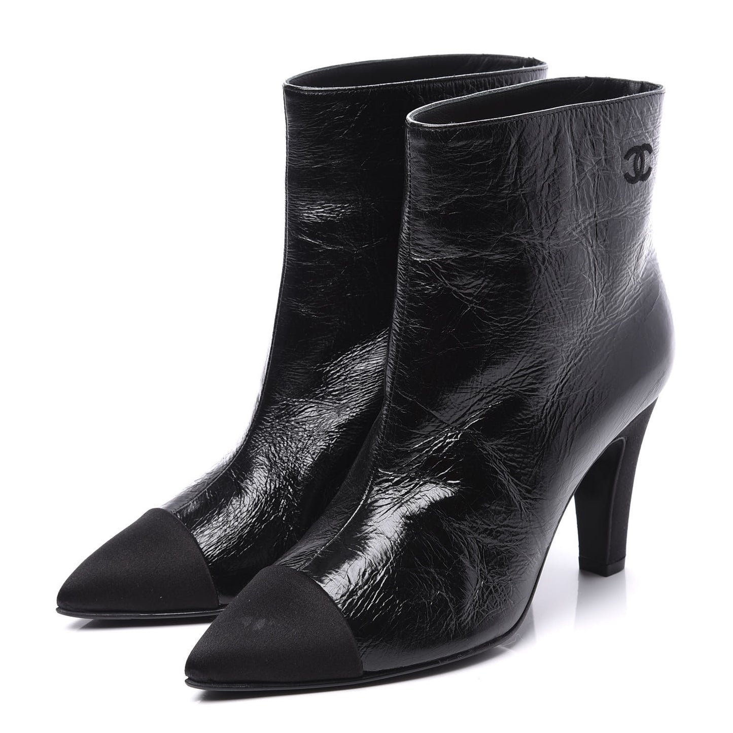 Crumpled Calfskin Satin Cap Toe Short Ankle Boots 36 Black