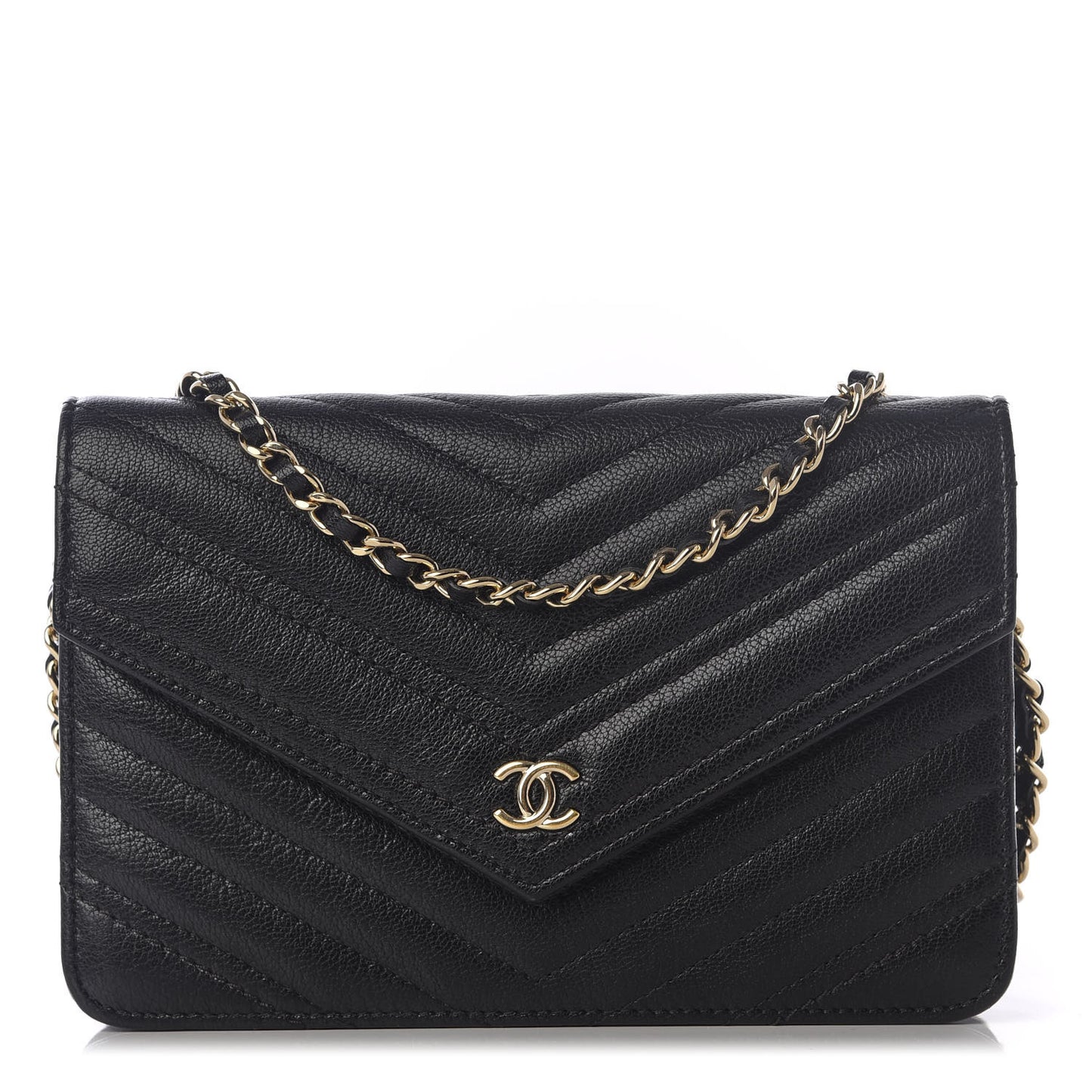 Goatskin Chevron Quilted Statement Wallet On Chain WOC Black