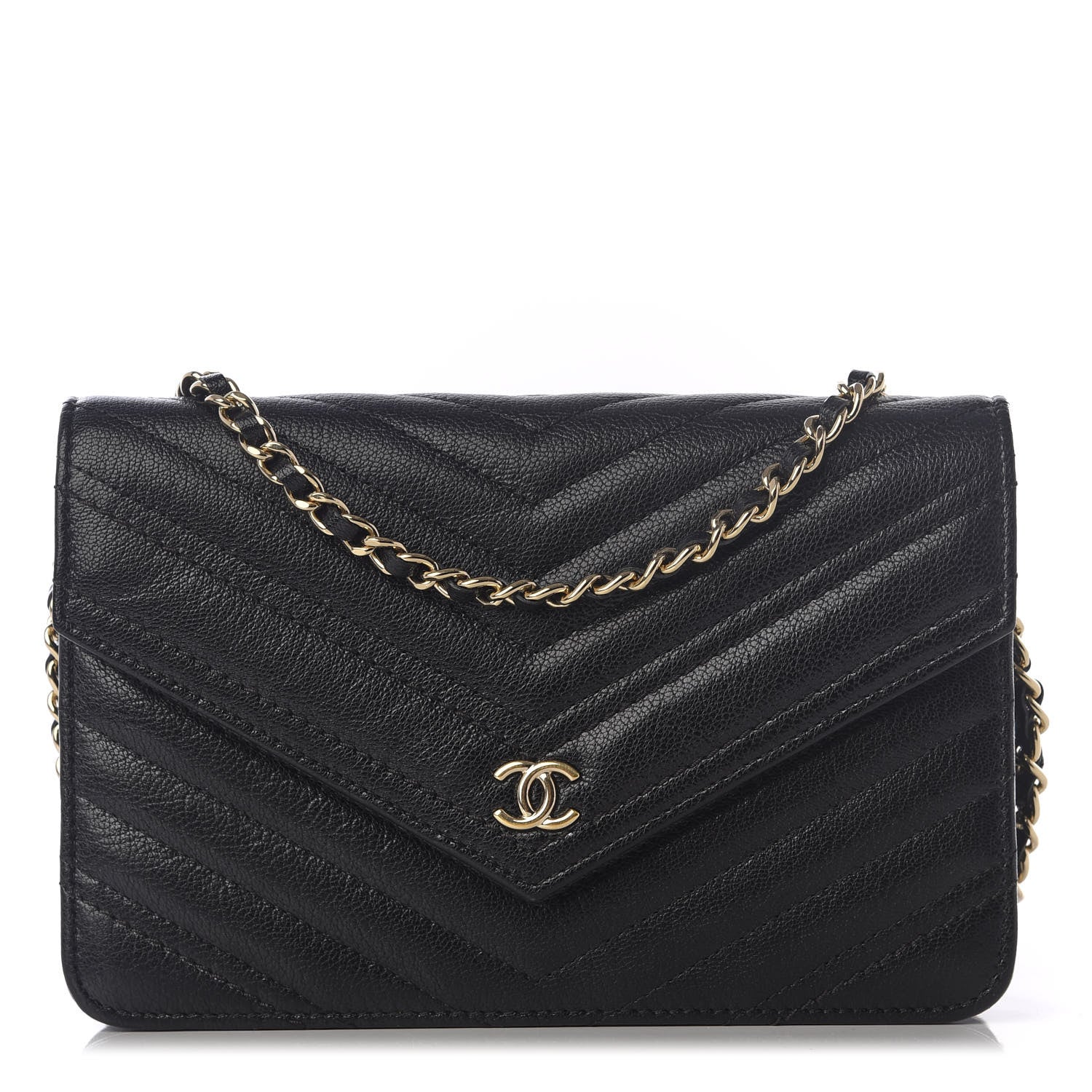 Chanel Goatskin Chevron Quilted Statement Wallet On Chain WOC Black 1 of 10