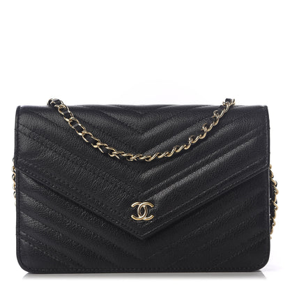 Chanel Goatskin Chevron Quilted Statement Wallet On Chain WOC Black 1 of 10