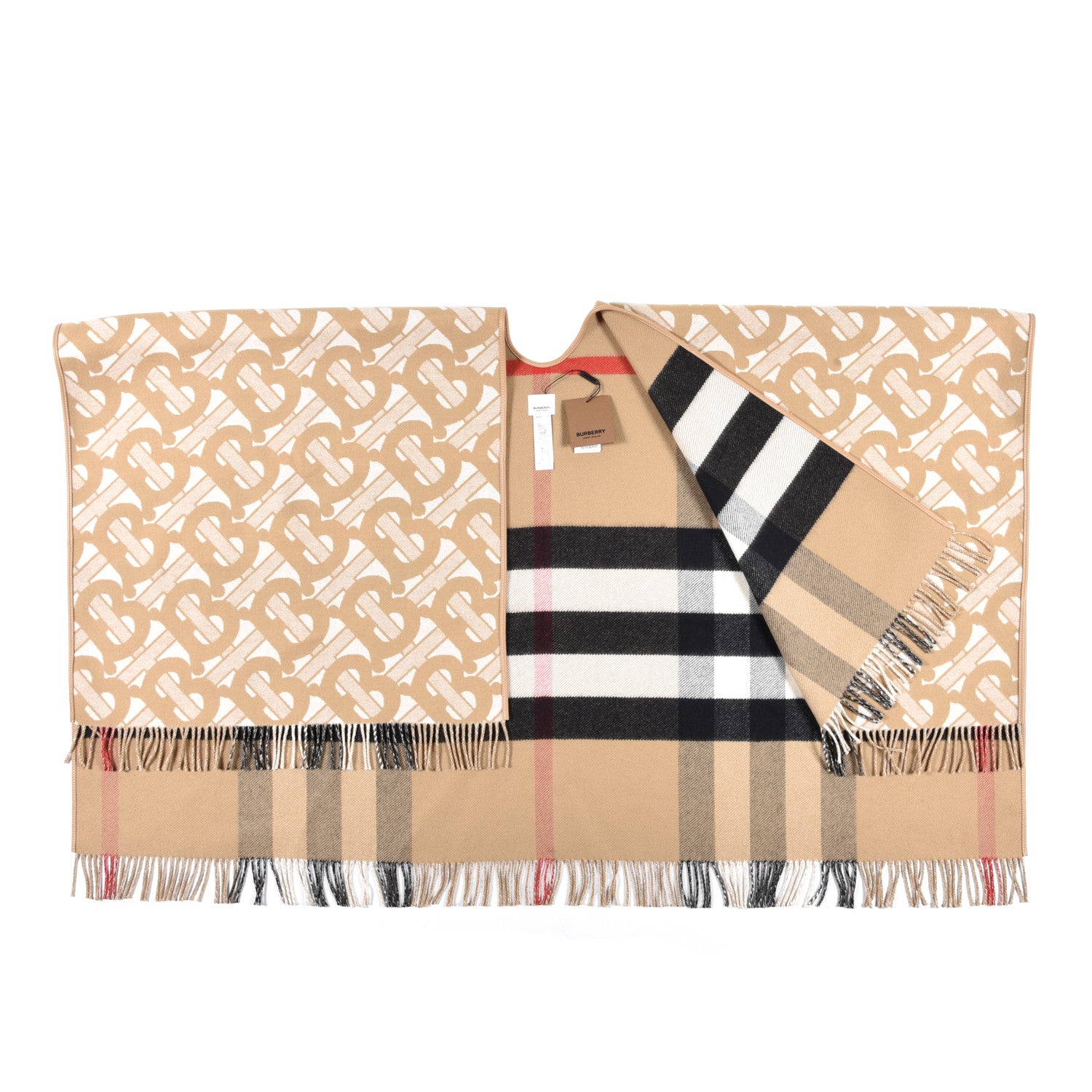 Burberry Cashmere TB Monogram Check Reversible Cape Scarf Archive Beige 2 of 4