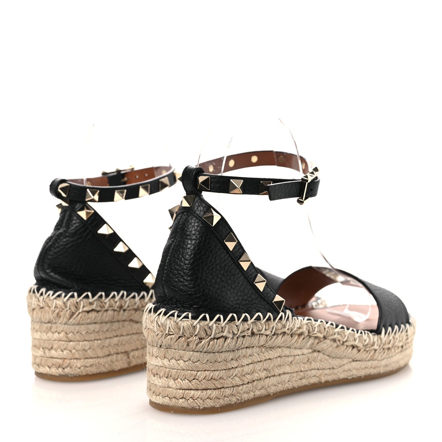 Grained Calfskin Rockstud Ankle Strap Espadrille 30/55mm Wedge Sandals 36 Black