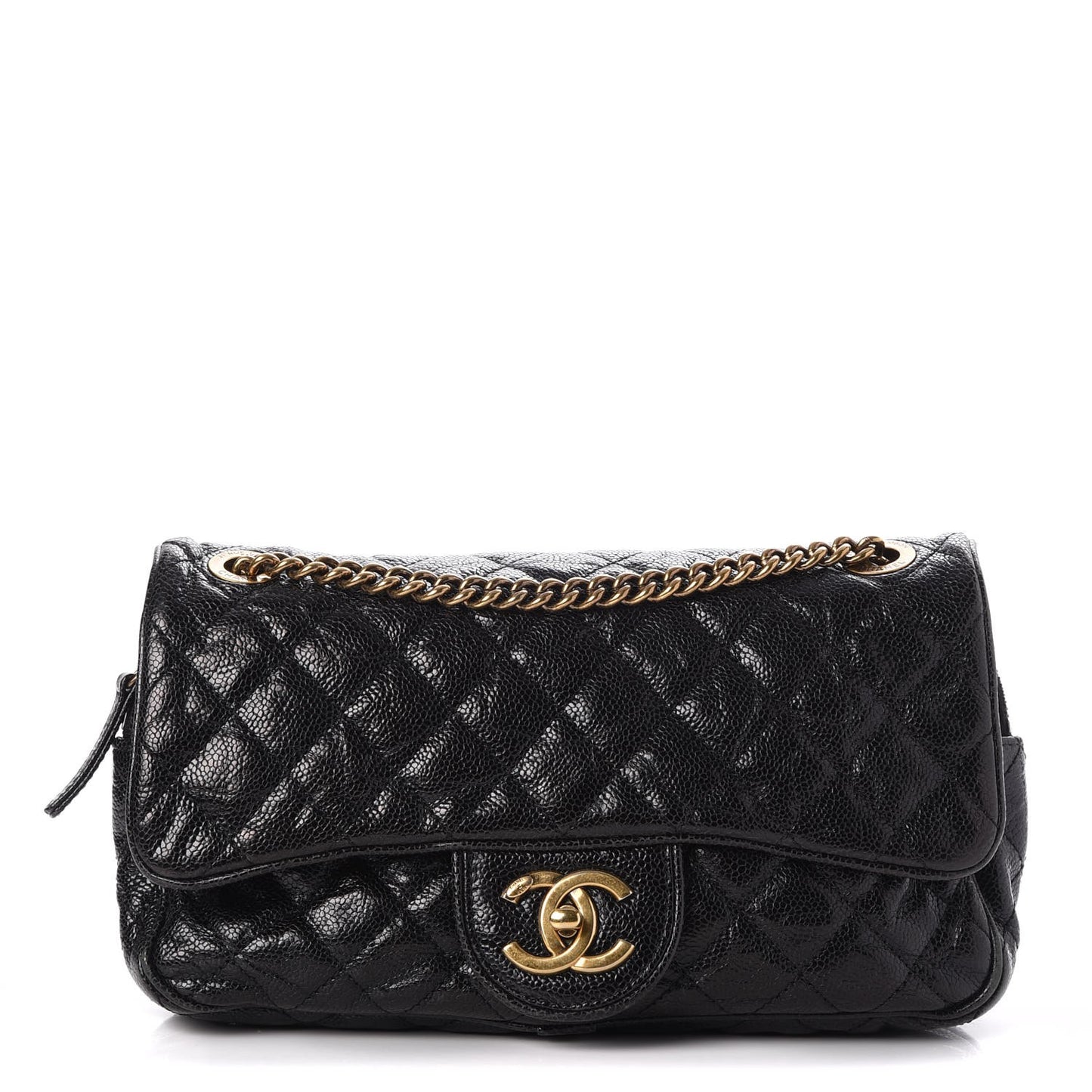Crumpled Grained Calfskin Quilted Small Shiva Flap Black