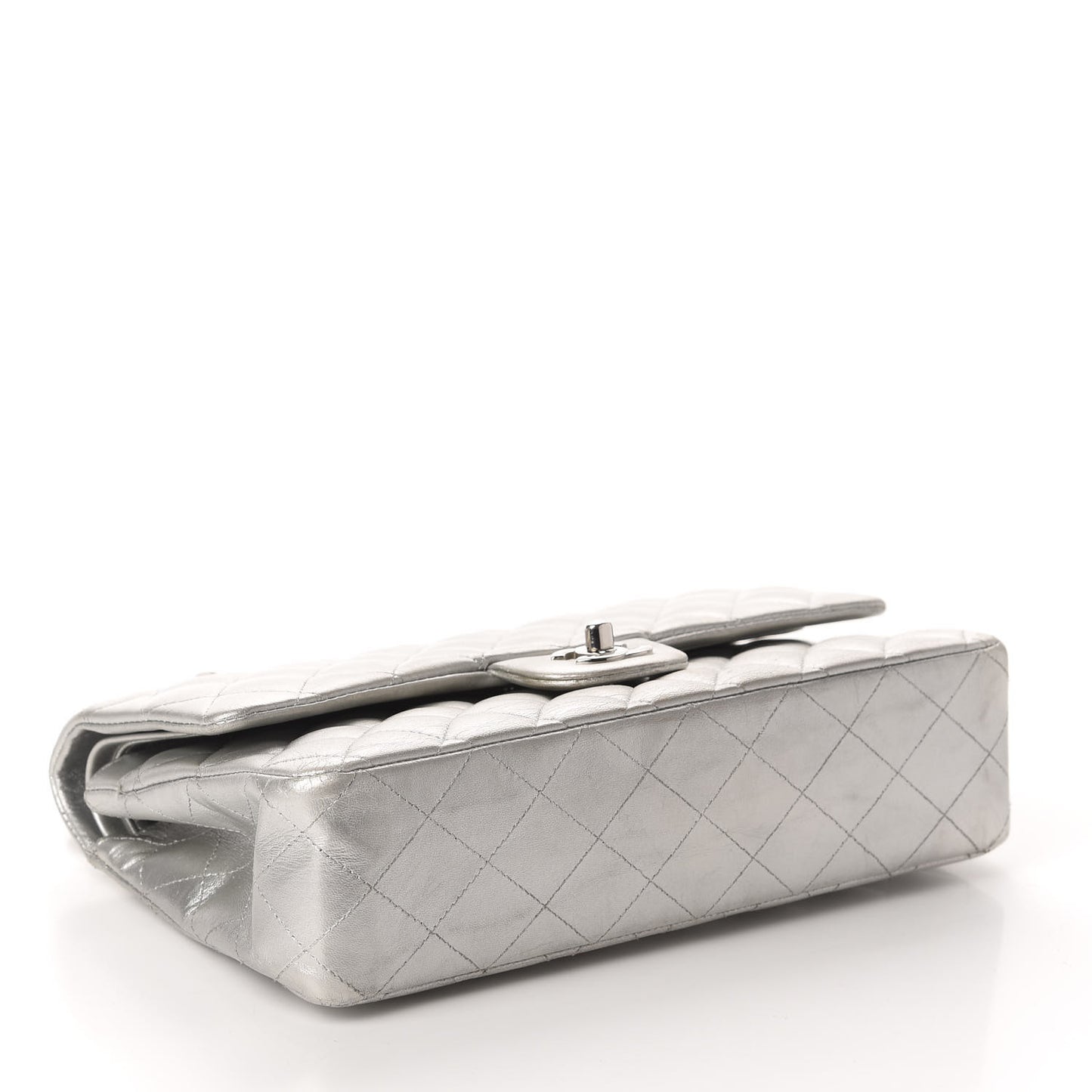 Metallic Lambskin Quilted Medium Double Flap Dark Grey